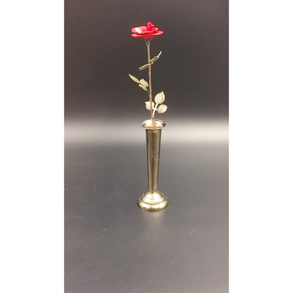 1977 MANN Red Rose Brass Bud Vase Metal Art Flower and Vase Vintage Metalwork - Picture 4 of 12